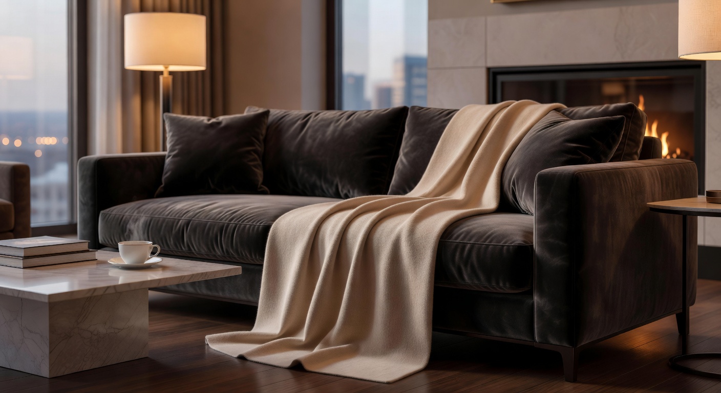 Manta de cachemira suave en dormitorio elegante