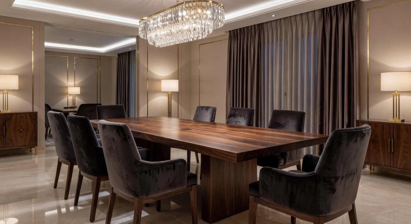 Mesa de comedor de nogal con sillas de lujo